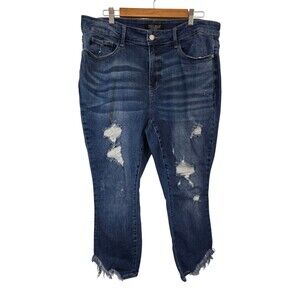 Judy Jeans Womans 20W Blue Skinny Fit Distressed Raw Hem Denim Stretch